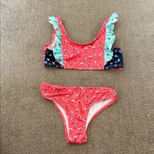 Floral Ruffle Kids Bikini Set - Coral and Teal